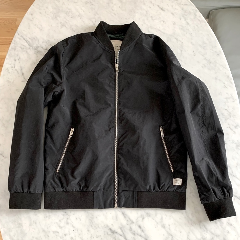 NWT Jack and Jones black nylon bomber with silver zippers size L